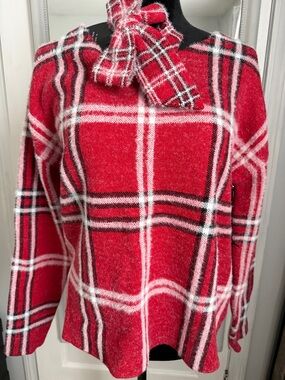 Tahari Red Plaid Bow-Neck Crew Sweater
